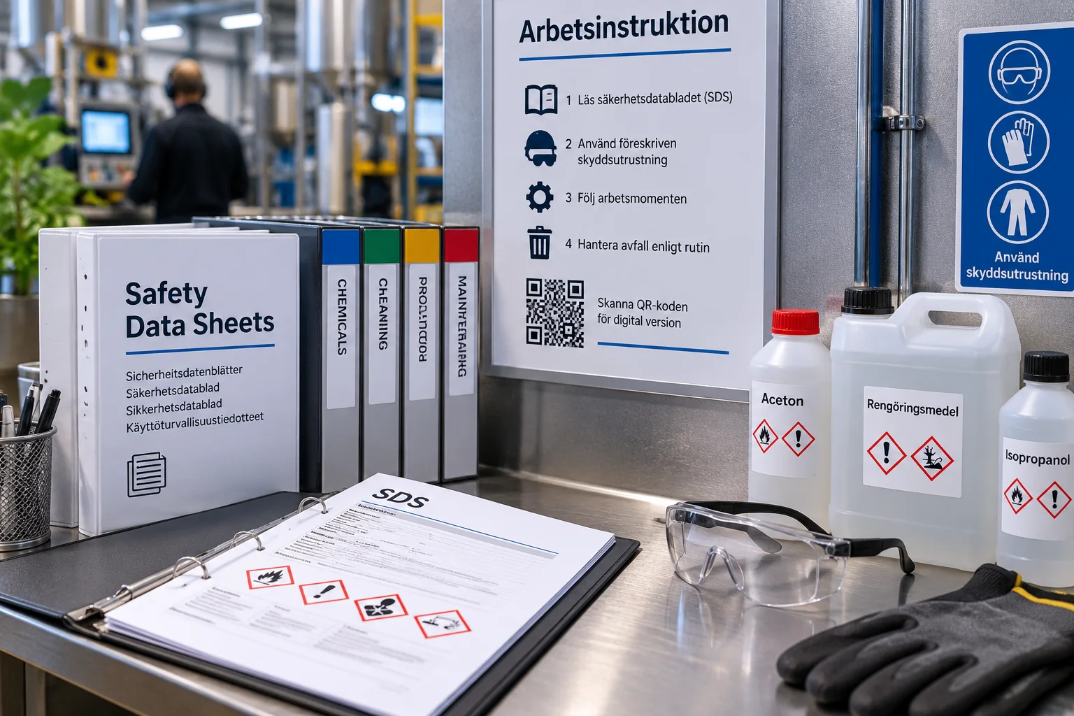 Arbetsplats med säkerhetsdatablad, arbetsinstruktioner, kemikalier och skyddsutrustning